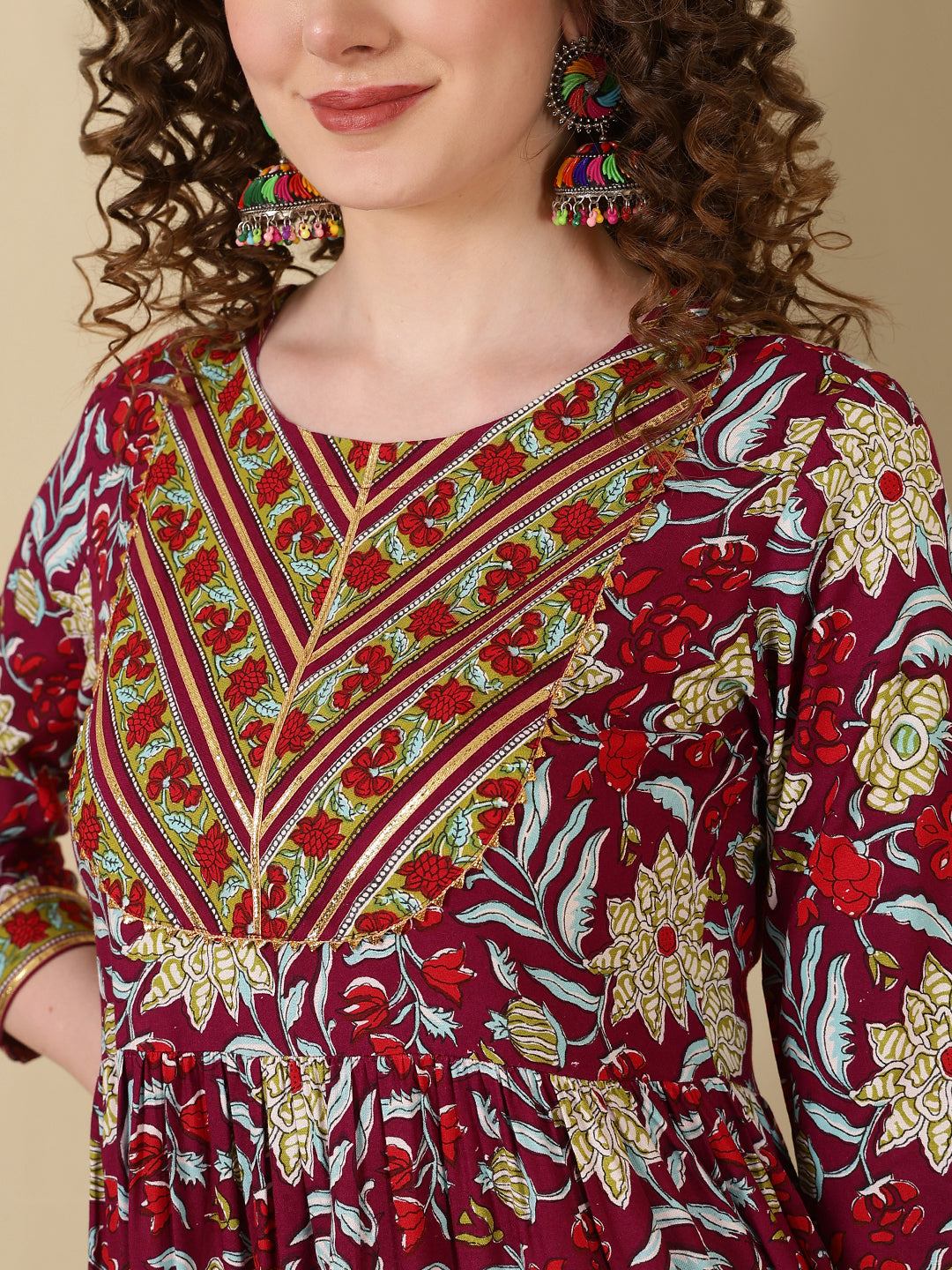 Rayon Printed Ankle Length 3/4 Sleeve Round Neck Tiered Kurta