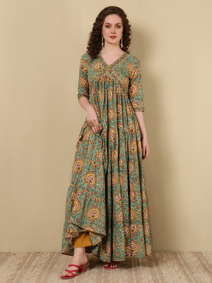 Rayon Printed Ankle Length 3/4 Sleeve V-Neck Alia Cut Tiered Kurta