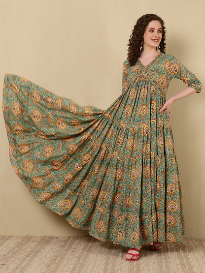 Rayon Printed Ankle Length 3/4 Sleeve V-Neck Alia Cut Tiered Kurta