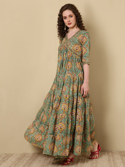 Rayon Printed Ankle Length 3/4 Sleeve V-Neck Alia Cut Tiered Kurta