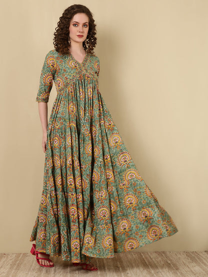 Rayon Printed Ankle Length 3/4 Sleeve V-Neck Alia Cut Tiered Kurta