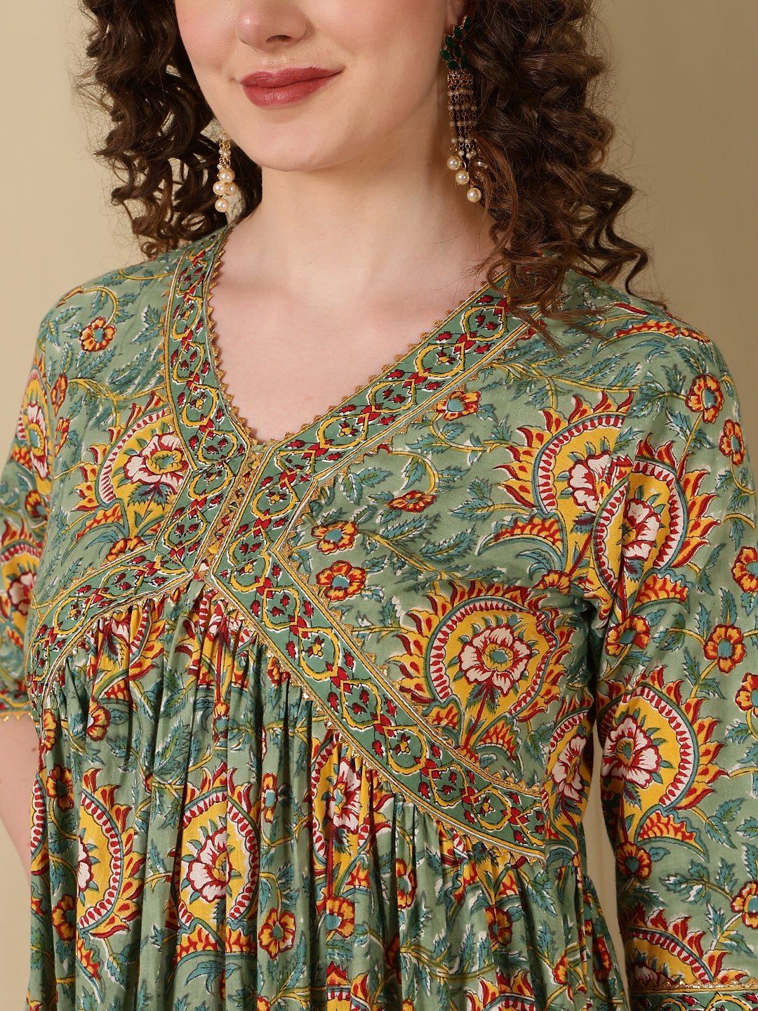Rayon Printed Ankle Length 3/4 Sleeve V-Neck Alia Cut Tiered Kurta