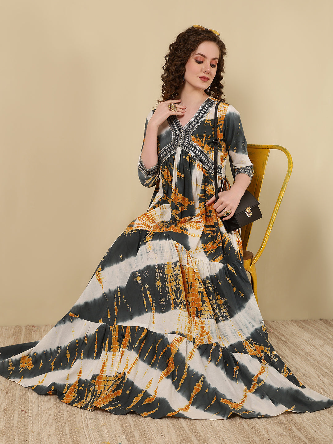 Rayon Embroidered Printed Ankle Length 3/4 Sleeve V-Neck Alia Cut Tiered Kurta