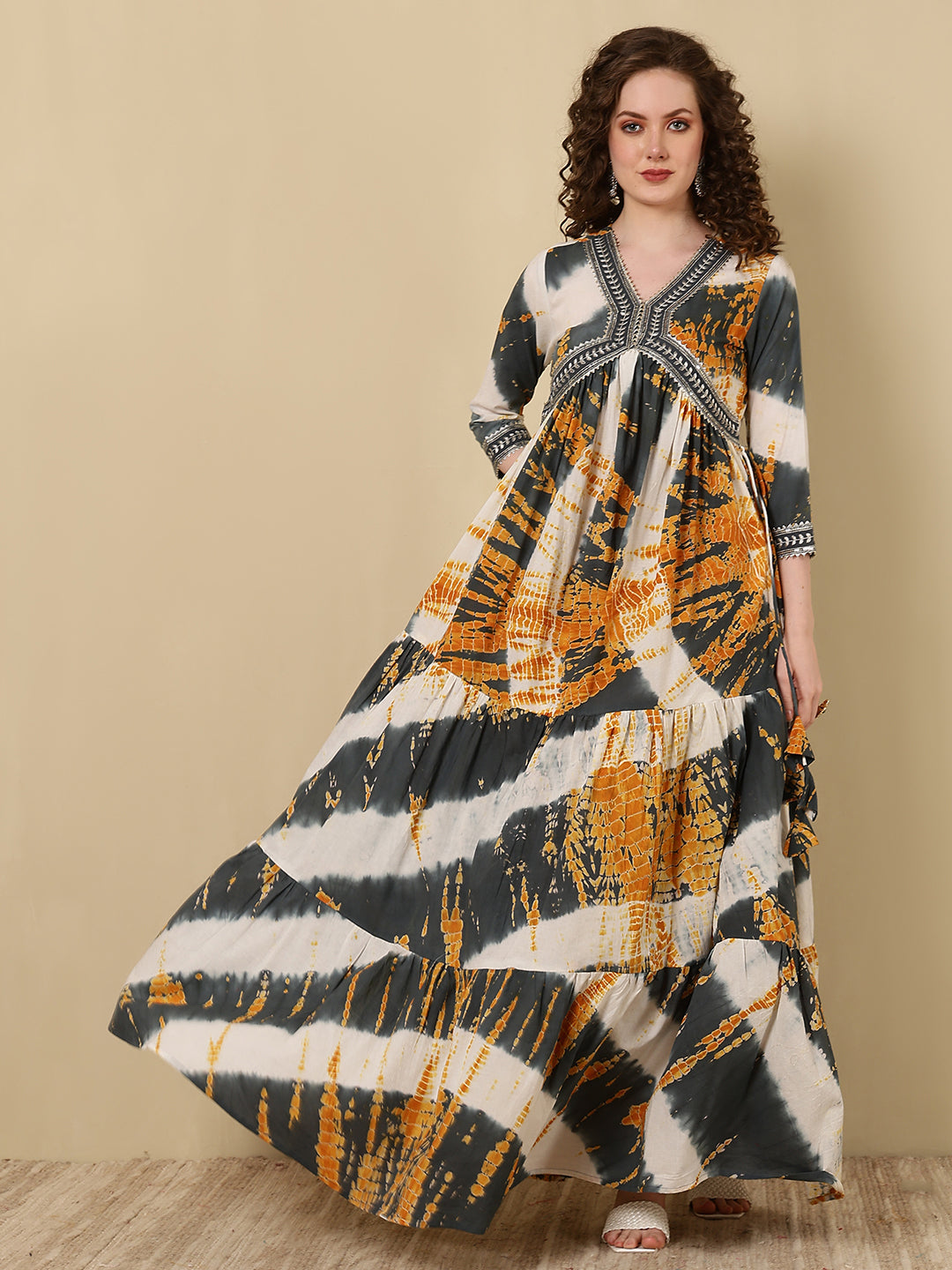 Rayon Embroidered Printed Ankle Length 3/4 Sleeve V-Neck Alia Cut Tiered Kurta