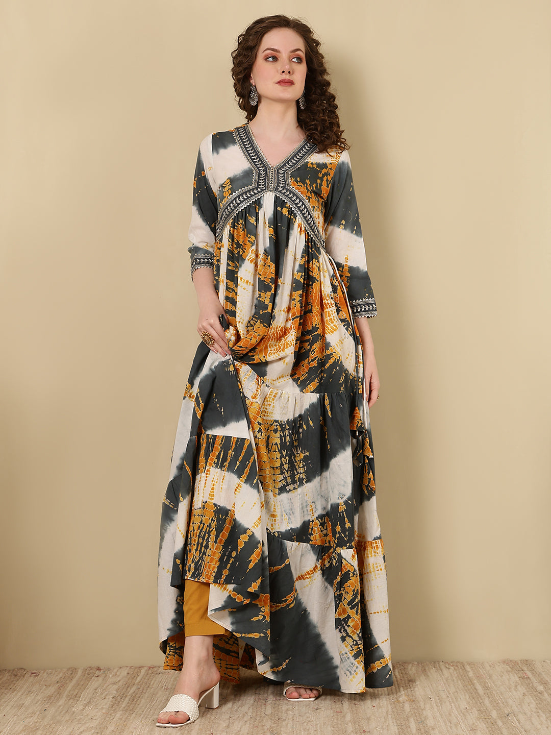 Rayon Embroidered Printed Ankle Length 3/4 Sleeve V-Neck Alia Cut Tiered Kurta