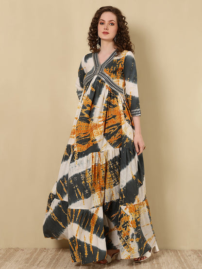 Rayon Embroidered Printed Ankle Length 3/4 Sleeve V-Neck Alia Cut Tiered Kurta