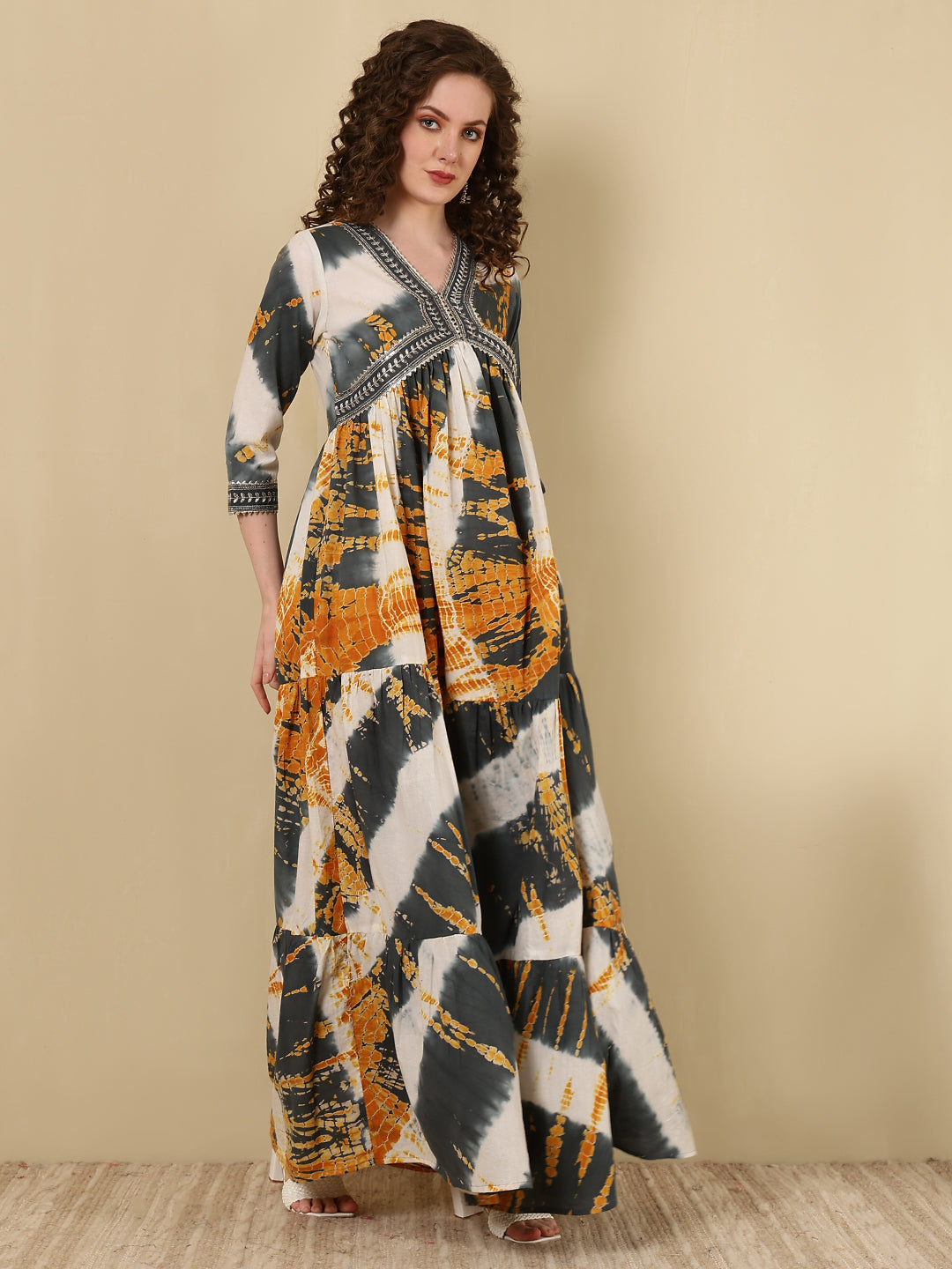 Rayon Embroidered Printed Ankle Length 3/4 Sleeve V-Neck Alia Cut Tiered Kurta