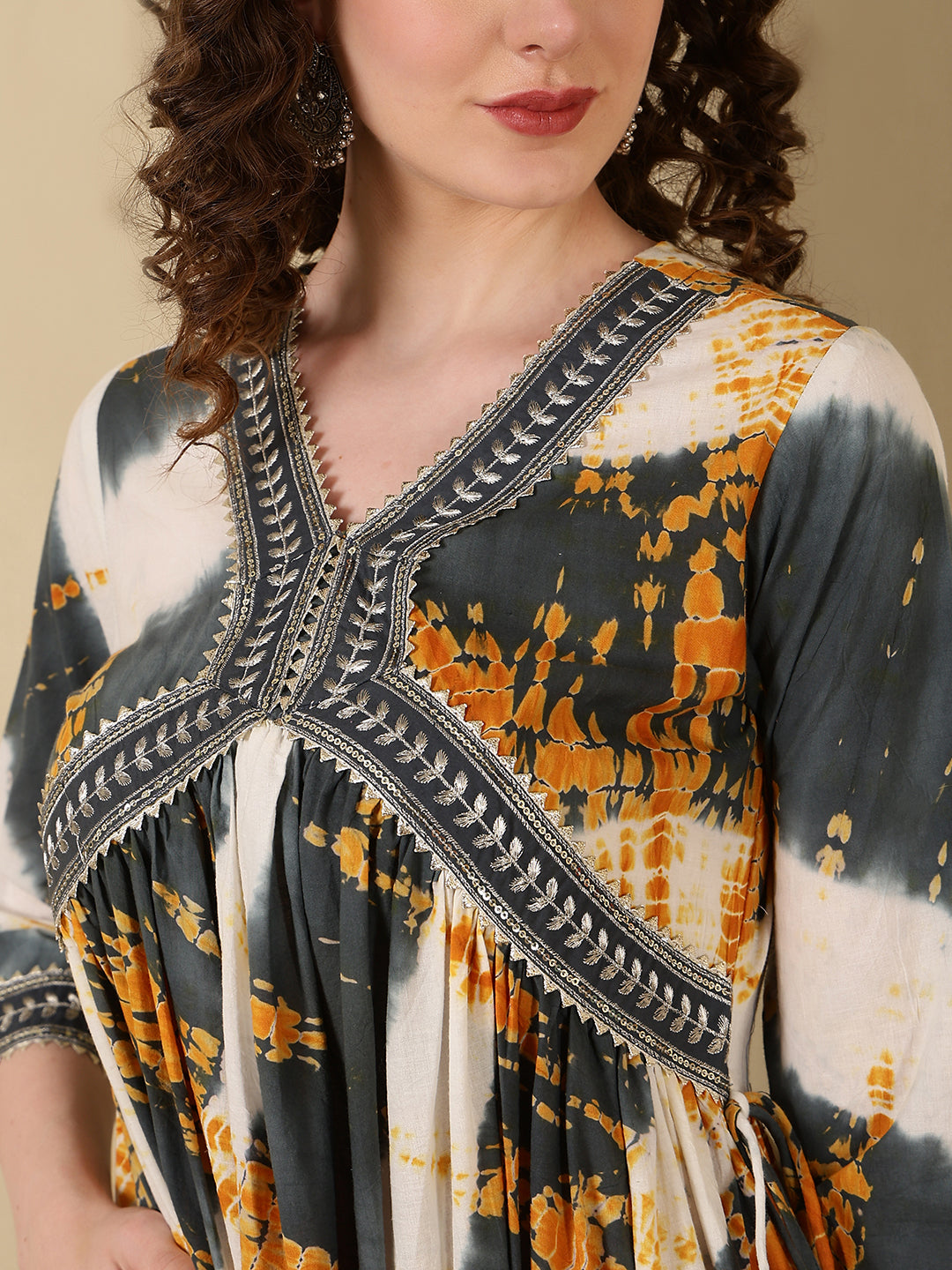 Rayon Embroidered Printed Ankle Length 3/4 Sleeve V-Neck Alia Cut Tiered Kurta