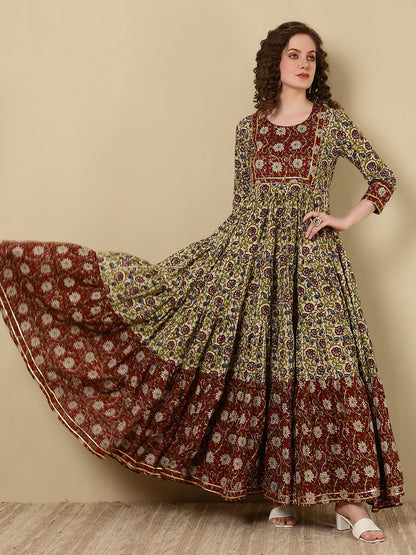 Rayon Printed Ankle Length 3/4 Sleeve Round Neck Tiered Kurta