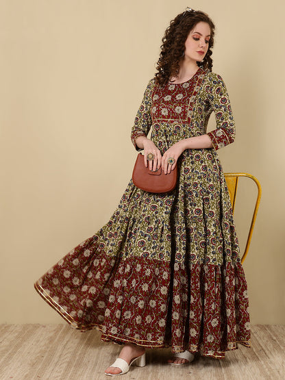 Rayon Printed Ankle Length 3/4 Sleeve Round Neck Tiered Kurta