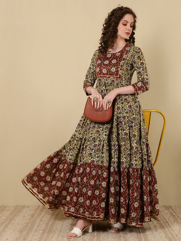 Rayon Printed Ankle Length 3/4 Sleeve Round Neck Tiered Kurta