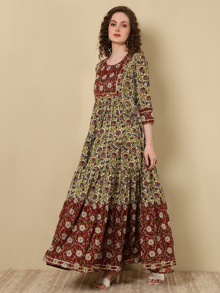Rayon Printed Ankle Length 3/4 Sleeve Round Neck Tiered Kurta