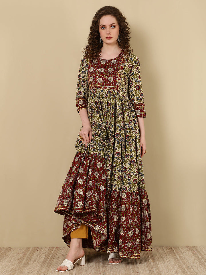 Rayon Printed Ankle Length 3/4 Sleeve Round Neck Tiered Kurta
