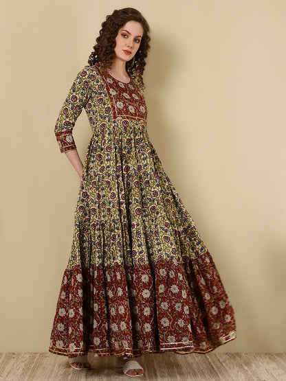 Rayon Printed Ankle Length 3/4 Sleeve Round Neck Tiered Kurta