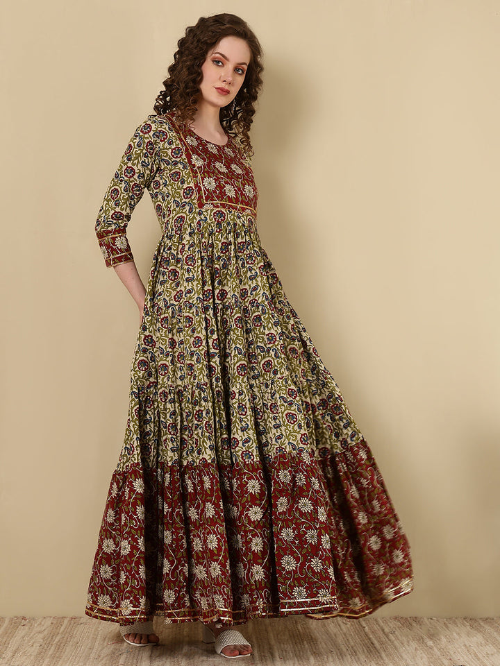 Rayon Printed Ankle Length 3/4 Sleeve Round Neck Tiered Kurta