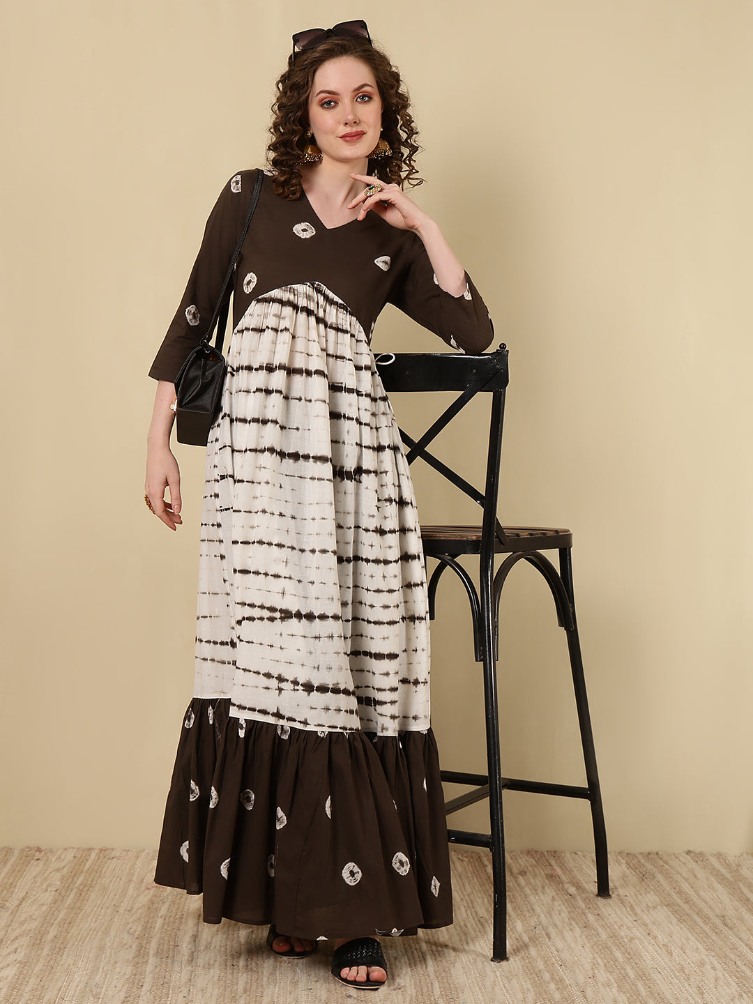 Cotton Printed Ankle Length 3/4 Sleeve V-Neck Alia Cut Tiered Kurta