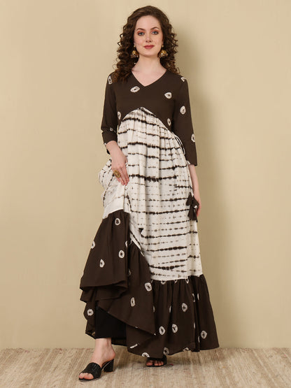Cotton Printed Ankle Length 3/4 Sleeve V-Neck Alia Cut Tiered Kurta