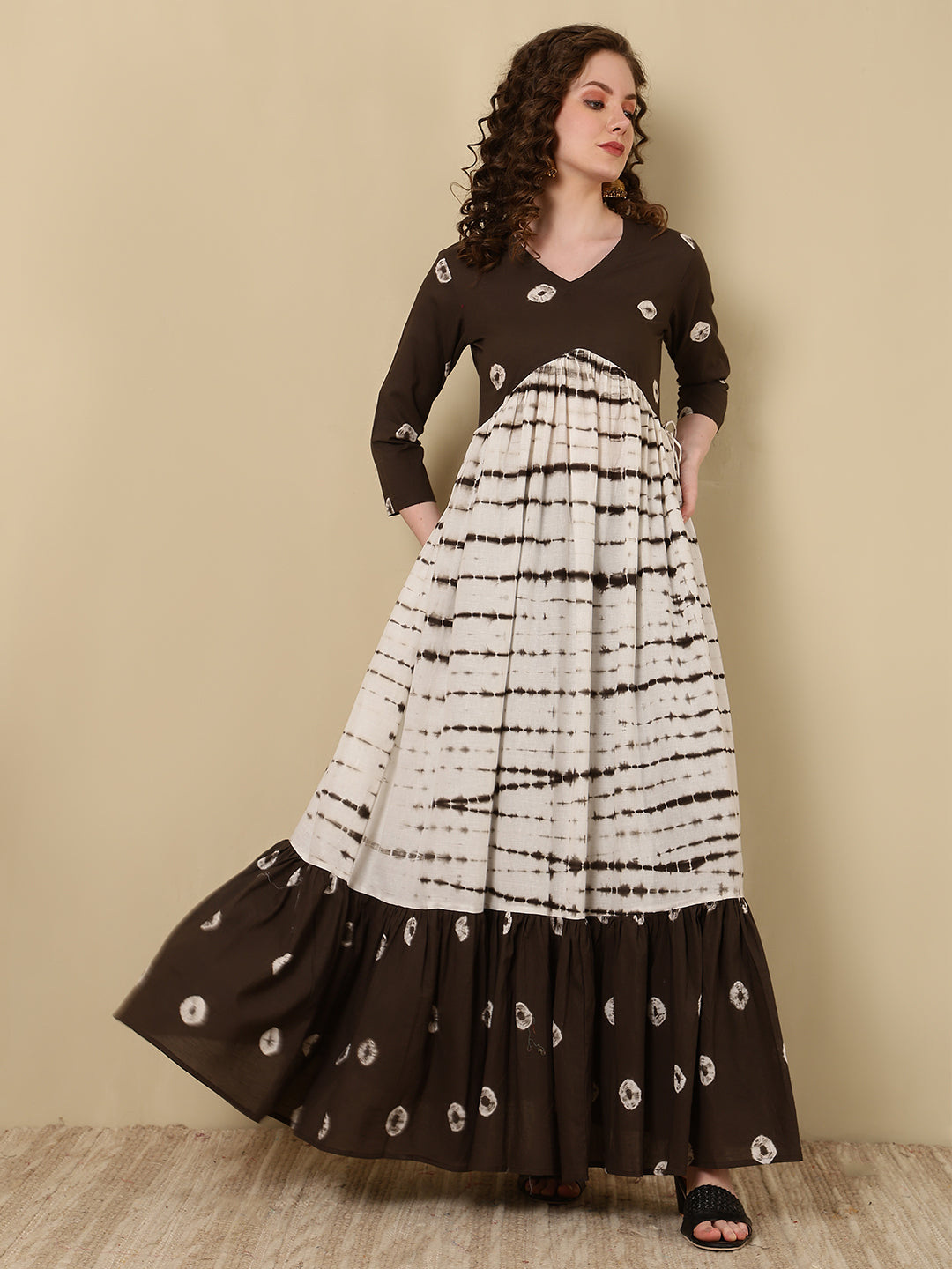Cotton Printed Ankle Length 3/4 Sleeve V-Neck Alia Cut Tiered Kurta