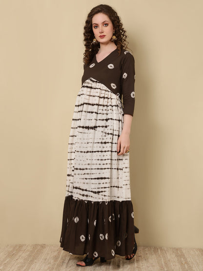 Cotton Printed Ankle Length 3/4 Sleeve V-Neck Alia Cut Tiered Kurta