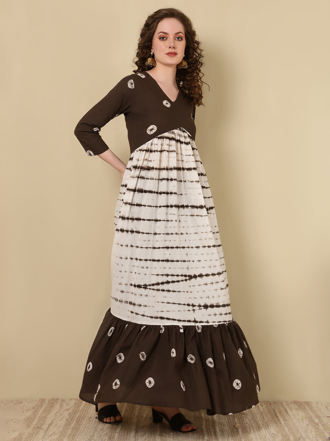 Cotton Printed Ankle Length 3/4 Sleeve V-Neck Alia Cut Tiered Kurta