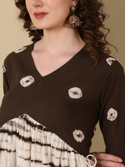 Cotton Printed Ankle Length 3/4 Sleeve V-Neck Alia Cut Tiered Kurta