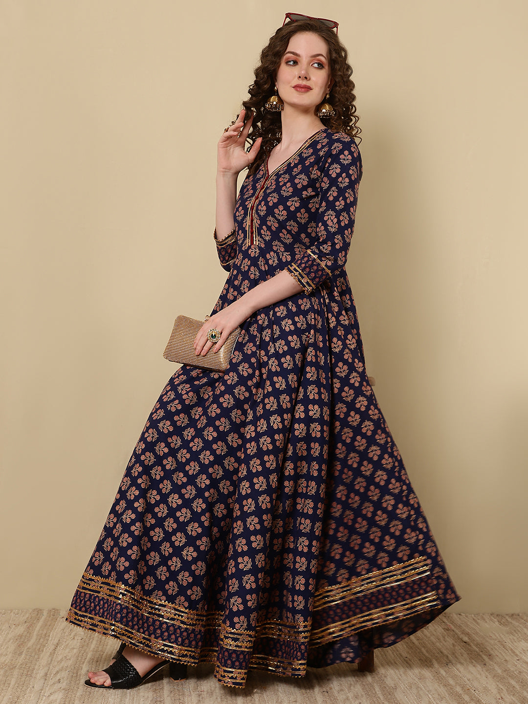 Cotton Printed Ankle Length 3/4 Sleeve V-Neck Anarkali Kurta