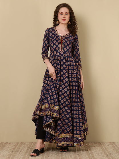 Cotton Printed Ankle Length 3/4 Sleeve V-Neck Anarkali Kurta