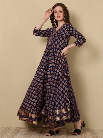 Cotton Printed Ankle Length 3/4 Sleeve V-Neck Anarkali Kurta