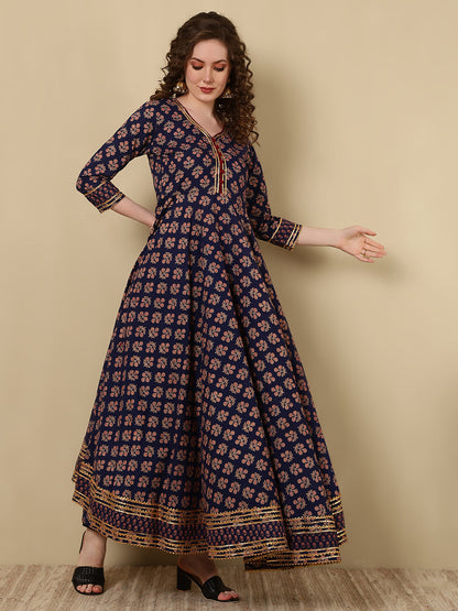 Cotton Printed Ankle Length 3/4 Sleeve V-Neck Anarkali Kurta