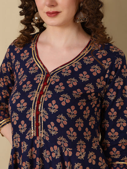 Cotton Printed Ankle Length 3/4 Sleeve V-Neck Anarkali Kurta