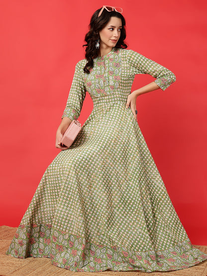 Cotton Printed Ankle Length 3/4 Sleeve Mandarin Neck Anarkali Kurta