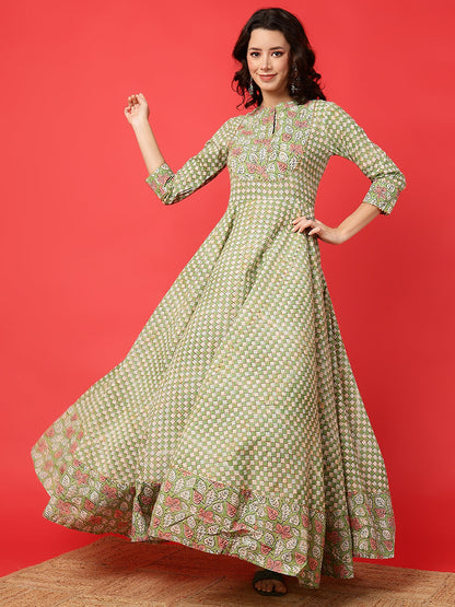 Cotton Printed Ankle Length 3/4 Sleeve Mandarin Neck Anarkali Kurta