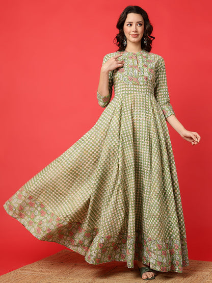 Cotton Printed Ankle Length 3/4 Sleeve Mandarin Neck Anarkali Kurta