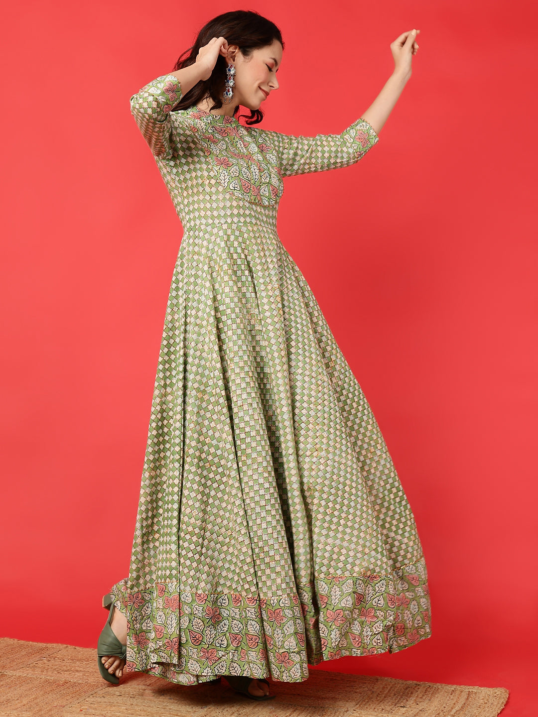Cotton Printed Ankle Length 3/4 Sleeve Mandarin Neck Anarkali Kurta