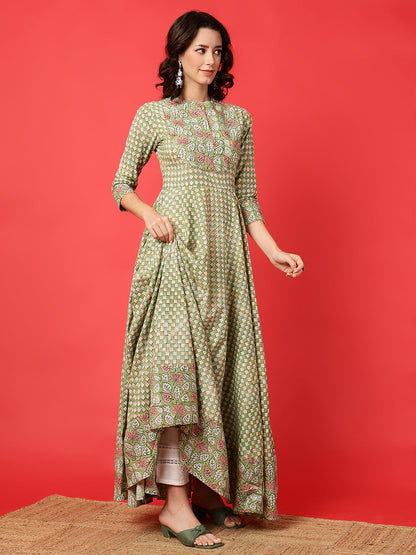 Cotton Printed Ankle Length 3/4 Sleeve Mandarin Neck Anarkali Kurta