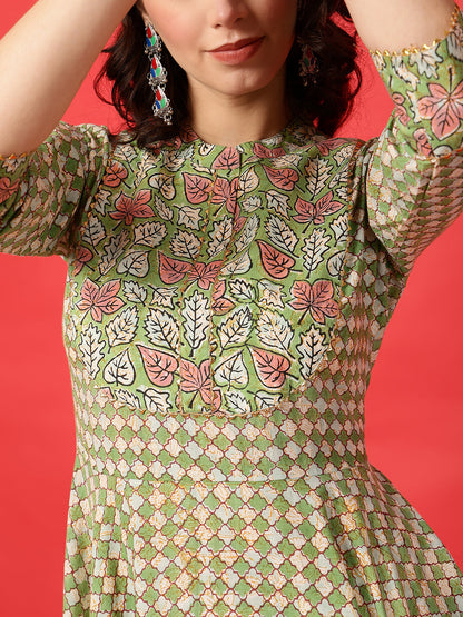 Cotton Printed Ankle Length 3/4 Sleeve Mandarin Neck Anarkali Kurta