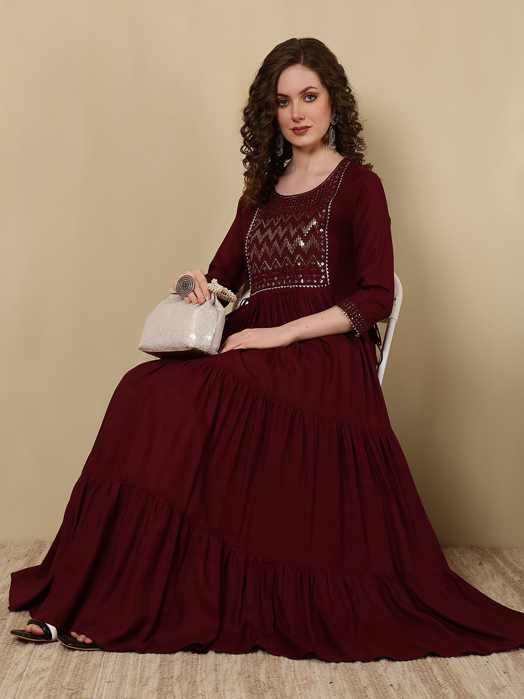 Rayon Embroidered Ankle Length 3/4 Sleeve Round Neck Tiered Kurta