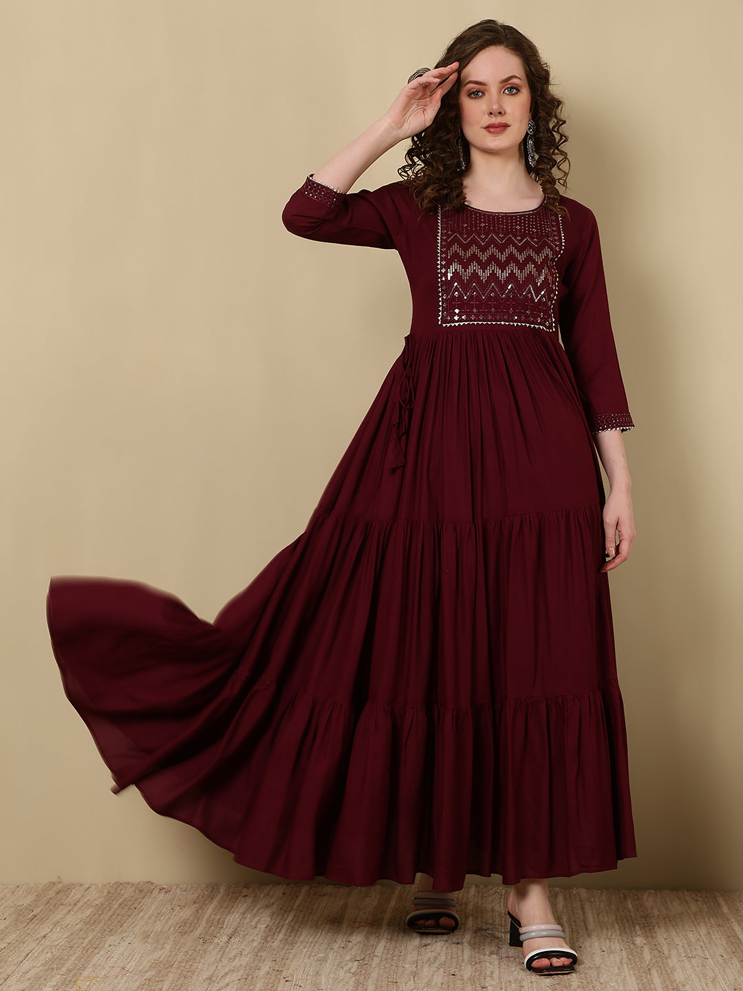 Rayon Embroidered Ankle Length 3/4 Sleeve Round Neck Tiered Kurta