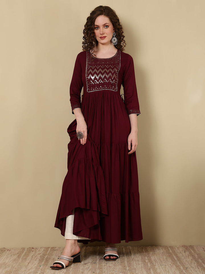 Rayon Embroidered Ankle Length 3/4 Sleeve Round Neck Tiered Kurta