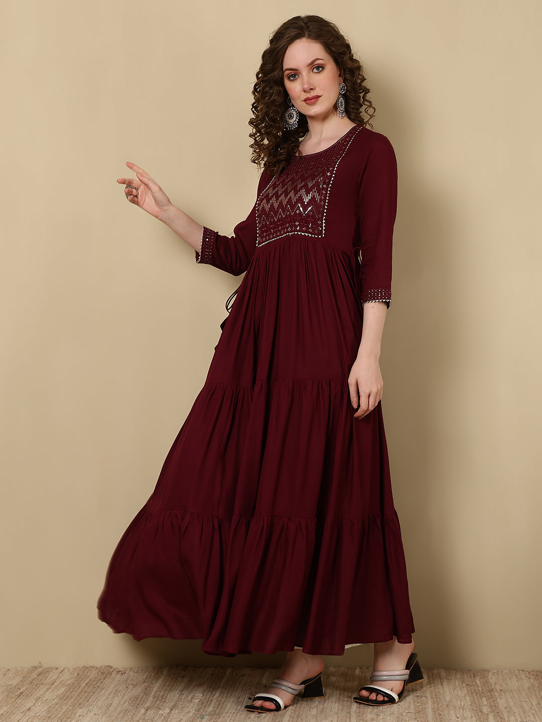 Rayon Embroidered Ankle Length 3/4 Sleeve Round Neck Tiered Kurta