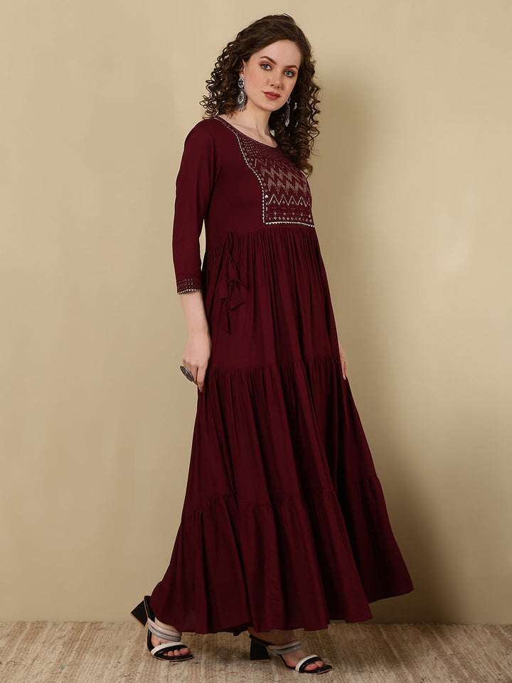 Rayon Embroidered Ankle Length 3/4 Sleeve Round Neck Tiered Kurta