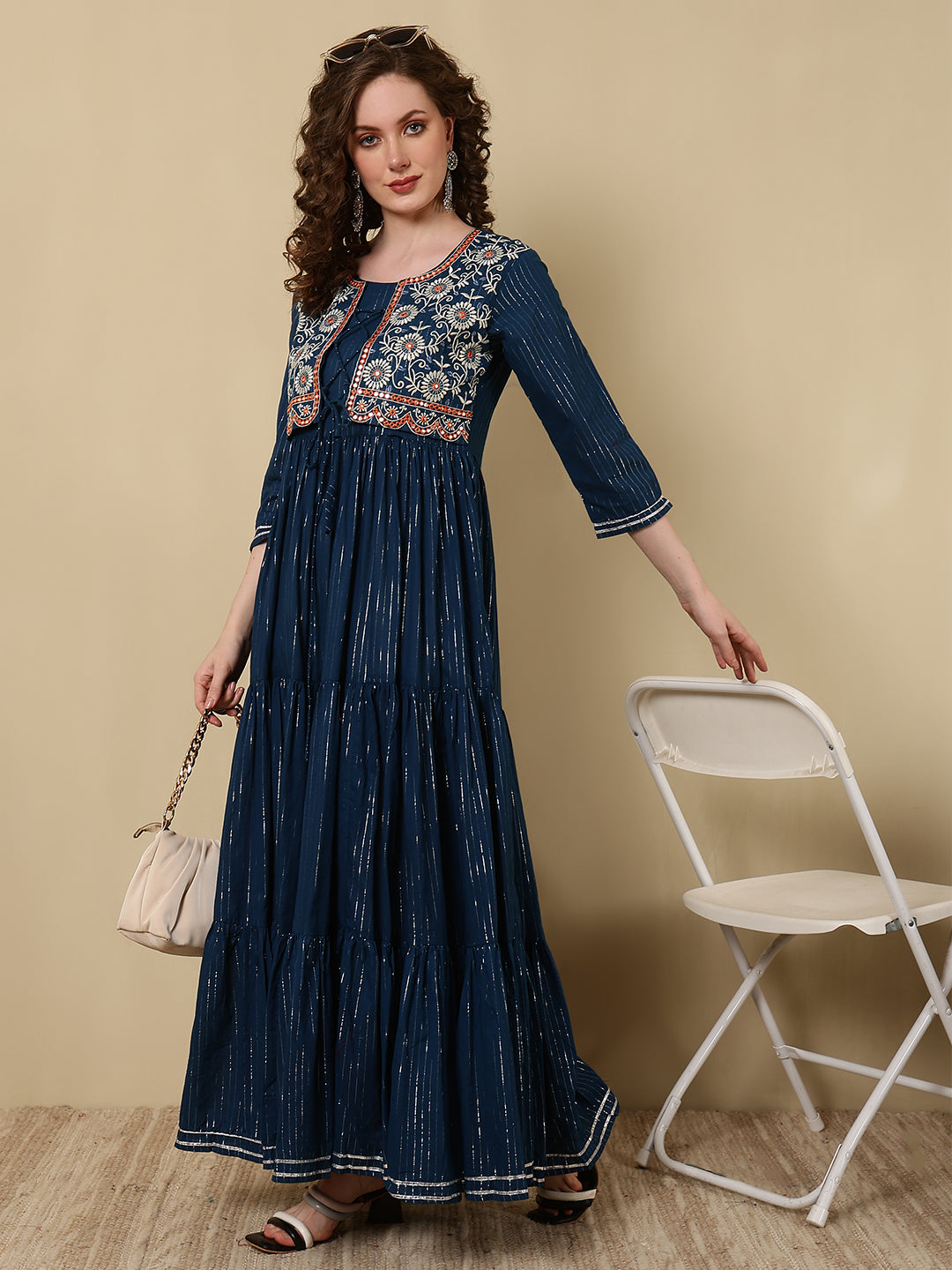 Cotton Lurex Embroidered Ankle Length 3/4 Sleeve Round Neck Tiered Kurta
