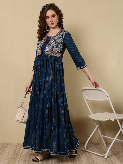Cotton Lurex Embroidered Ankle Length 3/4 Sleeve Round Neck Tiered Kurta