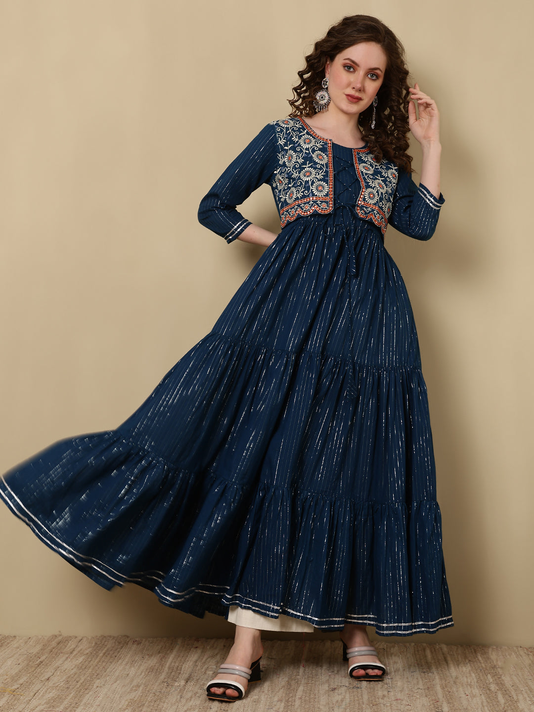 Cotton Lurex Embroidered Ankle Length 3/4 Sleeve Round Neck Tiered Kurta