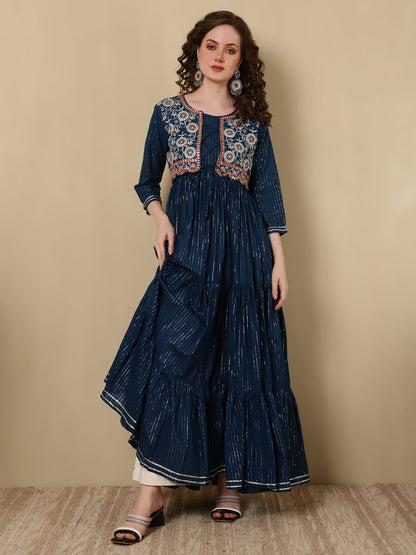 Cotton Lurex Embroidered Ankle Length 3/4 Sleeve Round Neck Tiered Kurta