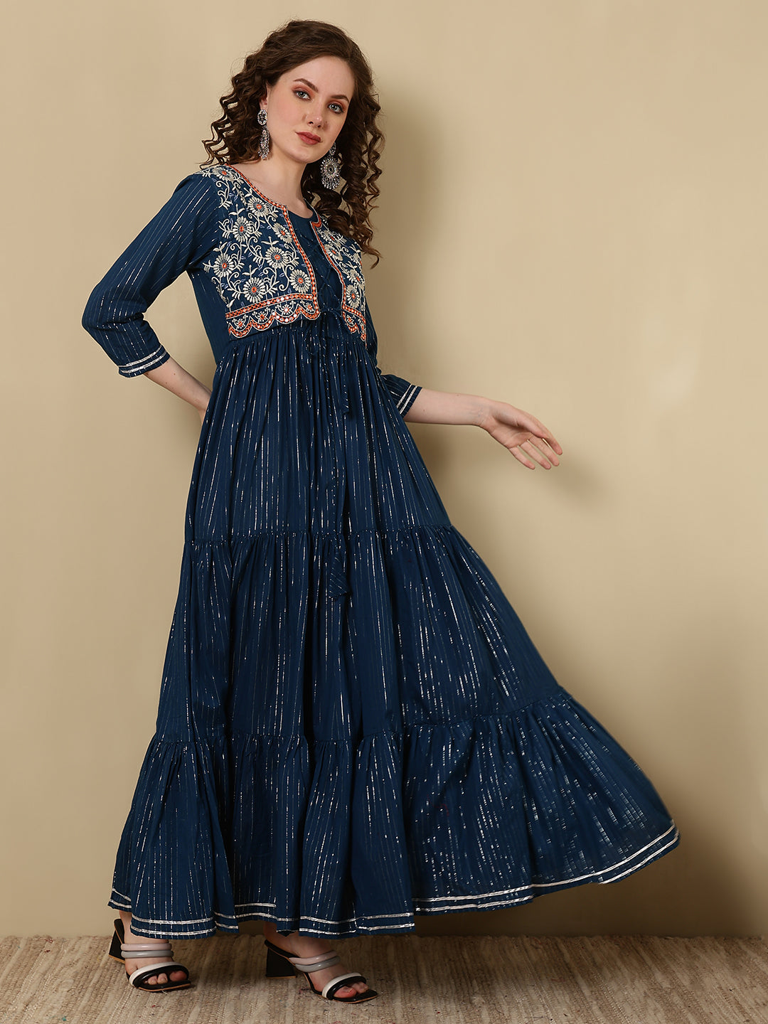 Cotton Lurex Embroidered Ankle Length 3/4 Sleeve Round Neck Tiered Kurta