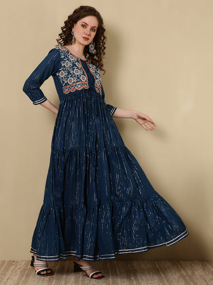 Cotton Lurex Embroidered Ankle Length 3/4 Sleeve Round Neck Tiered Kurta