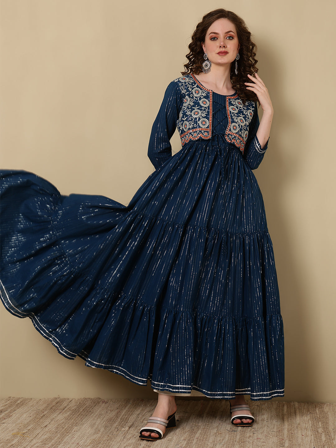 Cotton Lurex Embroidered Ankle Length 3/4 Sleeve Round Neck Tiered Kurta