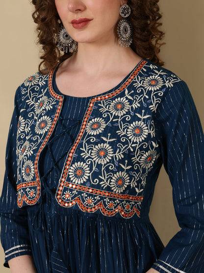 Cotton Lurex Embroidered Ankle Length 3/4 Sleeve Round Neck Tiered Kurta