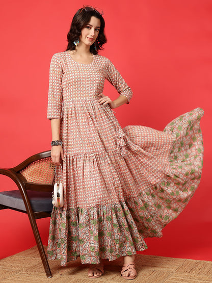 Cotton Printed Ankle Length 3/4 Sleeve Round Neck Tiered Kurta